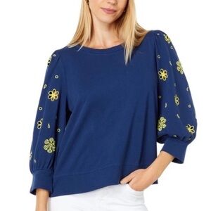 Lilly Pulitzer Cordon Navy Blue Floral Embroidered 3/4 Puff Sleeve Top Sz XL